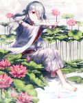  1boy androgynous bangs barefoot bridal_gauntlets bug check_translation commentary cotton_ball detached_sleeves flower full_body fuuna_(conclusion) hair_over_one_eye japanese_clothes kimono lily_pad long_hair looking_at_hand male_focus obi original pink_flower pool red_eyes sash shallow_water silver_hair sitting soaking_feet spider tied_hair translation_request white_kimono wind 