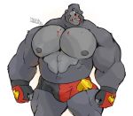  2019 anthro ape big_muscles black_body black_fur black_nipples black_skin blood bodily_fluids bottomwear bulge clothed clothing fingerless_gloves fur gloves gorilla handwear haplorhine hi_res huge_muscles kaiser_(megawaffle) male mammal megawaffle_(artist) muscular muscular_male nipples pecs primate quads shorts simple_background solo standing sweat topless white_background 