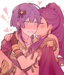  2girls @_@ bernadetta_von_varley blush bracelet closed_eyes earrings fire_emblem fire_emblem:_three_houses from_side gloves hair_ornament jewelry kvlen multiple_girls open_mouth petra_macneary purple_hair simple_background white_background yellow_gloves yuri 