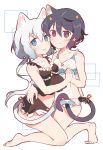  2girls absurdres bangs barefoot black_hair black_panties black_skirt blue_eyes bow_camisole breasts camisole cheek-to-cheek closed_mouth commentary eyebrows_visible_through_hair frilled_camisole frilled_panties frills full_body hair_ornament hair_ribbon hands_together highres hug interlocked_fingers intertwined_tails kneeling konno_junko lingerie long_hair looking_at_viewer low_twintails miluke mizuno_ai multiple_girls open_mouth panties red_eyes ribbon shirt short_hair silver_hair skirt small_breasts smile tail tail_ribbon twintails underwear underwear_only white_background white_panties white_shirt zombie_land_saga 