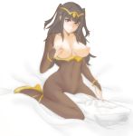  1girl areolae bangs bed bed_sheet black_eyes black_hair blush breasts collarbone crown curvy eye_contact fire_emblem fire_emblem_awakening grabbing_own_breast high_heels highres large_breasts long_hair looking_at_another looking_at_viewer masturbation masturbation_through_clothing monochrome_background navel nipples no_panties pillow simple_background smile solo straddling tharja_(fire_emblem) tridis tridisart twintails white_background 