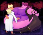  2020 absurd_res anthro belly big_belly big_breasts blonde_hair bracelet breasts butt capreoline cervid clothing deltarune dress duo expansion female hair hair_over_eye hand_on_stomach hi_res hyper hyper_belly inflation jewelry mammal midriff noelle_holiday one_eye_obstructed overweight overweight_female pink_body purple_clothing purple_hair reindeer reptile ridiculouscake scalie simple_background spiked_bracelet spikes susie_(deltarune) thick_thighs video_games white_clothing white_dress wide_hips 