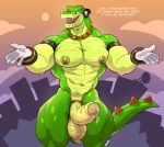  abs anthro balls bodily_fluids chain crocodile crocodilian crocodylid dialogue genital_fluids genitals headphones humanoid_penis looking_at_viewer male muscular muscular_male navel nipple_piercing nipples nude one_eye_closed penis piercing precum reptile scalie solo sonic_the_hedgehog_(series) sxfpantera thick_thighs vector_the_crocodile wink 