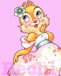  anthro beld blue_eyes blush chipmunk clarice_(disney) clothed clothing disney dress english_text eyelashes female floral_dress flower fur ground_squirrel hand_on_cheek lottataro mammal open_mouth open_smile plant red_nose rodent sciurid simple_background smile tan_body tan_fur text 