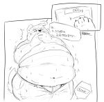  anthro belly big_butt black_and_white bodily_fluids bottomwear butt canid canine canis chubby_cheeks claws clothed clothing covering_mouth covering_own_mouth domestic_dog fur japanese_text love_handles male mammal midriff monochrome navel obese obese_male open_pants overweight overweight_male pants pukkunnnn shaking solo standing sweat text thought_bubble tight_clothing toe_claws translation_request weighing_scale 