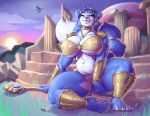  anthro big_breasts bra breasts canid canine cleavage clothed clothing female fox jewelry krystal loincloth looking_at_viewer mammal midriff navel necklace nintendo ruins sitting solo spread_legs spreading staff star_fox sunset sxfpantera thick_thighs underwear video_games 