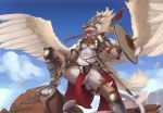  anthro armor avian bodily_fluids cat_tail dripping feathered_wings feathers female fur genital_fluids genitals gryphon hi_res man_catcher mask melee_weapon merrunz polearm pussy pussy_juice shield sky solo sword unconvincing_armor weapon white_body white_fur wings 