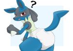  2020 ? anthro black_body black_fur blue_body blue_fur chest_spike cute_fangs diaper fur furgonomics hand_spike hi_res looking_at_viewer looking_back lucario nintendo nyanyakotarou open_mouth pok&eacute;mon pok&eacute;mon_(species) red_eyes solo spikes tan_body tan_fur video_games 