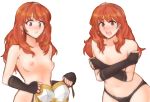  1girl armor blush breasts celica_(fire_emblem) covering covering_breasts earrings embarrassed fingerless_gloves fire_emblem fire_emblem_echoes:_shadows_of_valentia gloves hair_ornament headband jewelry looking_at_viewer multiple_views navel nipples nude open_mouth orange_eyes orange_hair panties simple_background small_breasts source_request topless transparent_background tridisart underwear undressing 