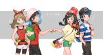  2boys 2girls backpack bag baseball_cap beanie black_eyes black_hair black_headwear breasts brown_hair copyright_name creature facing_another flat_chest gen_3_pokemon gen_7_pokemon grey_eyes hand_in_pocket handbag hands_on_hips haruka_(pokemon) hat hum_(fpswp777) litten looking_at_another medium_hair mizuki_(pokemon) mudkip multiple_boys multiple_girls pants pokemon pokemon_(creature) pokemon_(game) pokemon_on_shoulder pokemon_oras pokemon_sm shirt shorts small_breasts star striped striped_shirt tied_shirt twintails upper_body wristband yellow_shirt you_(pokemon) yuuki_(pokemon) 