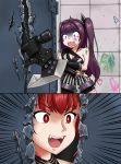  2girls absurdres architect_(girls_frontline) asymmetrical_clothes axe bangs cz-75_(girls_frontline) eyebrows_visible_through_hair girls_frontline here&#039;s_johnny! highres holding holding_paintbrush indoors long_hair multiple_girls one_side_up open_mouth paintbrush parody purple_hair red_eyes red_hair sangvis_ferri scared teeth the_shining the_sourkraut 