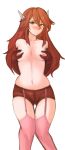  1girl ass_visible_through_thighs blush breasts cordelia_(fire_emblem) fire_emblem fire_emblem_awakening garter_straps gloves grabbing_own_breast hair_between_eyes hair_ornament highres long_hair looking_at_viewer navel nipples panties red_eyes red_hair simple_background small_breasts source_request thighhighs thighs topless transparent_background tridisart underwear 