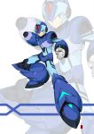  1boy android clenched_hand commentary green_eyes harymachinegun helmet male_focus pauldrons pose rockman rockman_x solo standing x_(rockman) 
