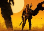  alien armor baby blurry cape carrying depth_of_field dust gun helmet highres holster holstered_weapon miwa_shirou orange_sky silhouette sky standing standoff star_wars sun sunset the_child_(star_wars) the_mandalorian the_mandalorian_(character) weapon 