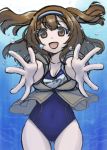  1girl air_bubble ass_visible_through_thighs blue_swimsuit bobokuboboku brown_eyes brown_jacket bubble commentary_request cowboy_shot foreshortening hairband i-26_(kantai_collection) jacket kantai_collection light_brown_eyes light_brown_hair long_hair name_tag new_school_swimsuit one-piece_swimsuit school_swimsuit short_sleeves smile solo swimsuit swimsuit_under_clothes two-tone_hairband two_side_up underwater 