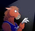  2020 anthro bodily_fluids bojack_horseman clothed clothing equid equine horse male mammal muzz netflix paper reading scared secretariat_(bojack_horseman) shirt signature solo sweat tank_top topwear 