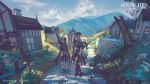  2girls arknights bare_tree blue_sky boots chaps closed_eyes cloud copyright_name fence foliage grani_(arknights) grass greaves grey_hair highres klegsart long_coat long_hair looking_at_viewer multiple_girls red_eyes road road_sign shoes sign skadi_(arknights) sky sneakers stretch sword tied_hair tree village watermark weapon yawning 