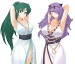  2girls armpits arms_behind_head arms_up breasts camilla_(fire_emblem) cleavage closed_mouth collarbone crown curvy eyebrows_visible_through_hair fire_emblem fire_emblem:_the_blazing_blade fire_emblem_fates fire_emblem_heroes frown green_eyes green_hair japanese_clothes kimono large_breasts long_hair looking_at_viewer lyn_(fire_emblem) medium_breasts multiple_girls no_panties one_eye_covered ponytail purple_eyes purple_hair smile thighs transparent_background tridisart yukata 