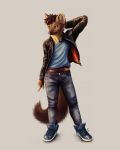  2020 4:5 anthro bottomwear brown_body brown_fur chest_tuft clothed clothing footwear fully_clothed fur grey_background hi_res jacket kebi light lighting mammal marten mustelid musteline pants pine_marten shoes simple_background solo standing topwear tuft 