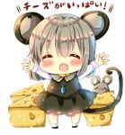  1girl :d ^_^ animal animal_ears bangs black_skirt blush capelet cheese chocolat_(momoiro_piano) closed_eyes commentary_request eyebrows_visible_through_hair facing_viewer fang food full_body grey_capelet grey_hair hair_between_eyes long_hair long_sleeves mouse mouse_ears mouse_girl mouse_tail nazrin open_mouth outstretched_arms shirt simple_background skirt smile socks solo standing tail touhou translation_request white_background white_legwear white_shirt 