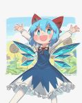  1girl artist_name blue_dress blue_eyes blue_hair bow cirno collared_shirt dated dress flower hair_bow highres ice ice_wings leaf long_sleeves outline plant porforever red_bow red_neckwear red_ribbon ribbon shirt shirt_under_dress short_hair solo sunflower touhou white_outline white_shirt wings 