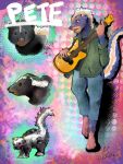  3:4 anthro barefoot bottomwear clothed clothing feral guitar hi_res kinkykenku male mammal mephitid model_sheet musical_instrument pants plucked_string_instrument skunk string_instrument 