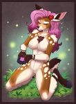  2020 5_fingers anthro breasts cervid digital_media_(artwork) ear_piercing ear_ring eyebrows eyelashes eyes_closed featureless_breasts featureless_crotch female fingers hair hi_res hooves ketty kneeling mammal nude piercing pink_hair solo 