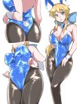  1girl adjusting_clothes adjusting_leotard animal_ears ass black_legwear blonde_hair blue_eyes blue_leotard blue_neckwear bow bowtie breasts bunny_ears bunny_girl bunny_tail bunnysuit cleavage commentary_request cowboy_shot detached_collar large_breasts leotard long_hair looking_at_viewer multiple_views original pantyhose sekitaku shiny shiny_clothes simple_background strapless strapless_leotard tail white_background wrist_cuffs 
