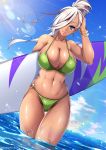  1girl aran_(maplestory) bikini blue_eyes bracelet breasts cleavage cleft_of_venus earrings green_bikini hair_over_one_eye highres hoop_earrings jewelry large_breasts long_hair looking_at_viewer maplestory muscle muscular_female navel_piercing parted_lips piercing ponytail queasy_s shiny shiny_skin smile solo summer surfboard swimsuit tan thigh_gap thighs twitter_username wading water white_hair 