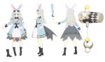  1girl :3 absurdres animal_ears antenna_hair black_footwear blue_bow blue_dress blush boots bow bunny_ears character_sheet closed_mouth cross-section dress eyebrows_visible_through_hair frown grey_hair hair_bow hammer high_heel_boots high_heels highres himari_song long_sleeves looking_at_viewer matsui_hiroaki mochizuki_himari neckerchief orange_eyes outstretched_arms pigeon-toed pom_pom_(clothes) pout simple_background solo spread_arms standing virtual_youtuber white_background 