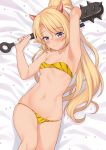  1girl arm_up armpits bangs bed_sheet bikini blonde_hair blue_eyes blush closed_mouth club collarbone commentary_request elf eyebrows_visible_through_hair flat_chest highres holding holding_weapon horns iris_(takunomi) long_hair lying navel on_back on_bed original pointy_ears ponytail setsubun skindentation smile solo spiked_club stomach strapless strapless_bikini striped striped_bikini swimsuit takunomi very_long_hair weapon yellow_bikini 
