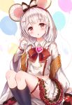  1girl :o animal animal_ears balloon black_legwear blush bow cheese collared_shirt commentary_request eating feet_out_of_frame food frilled_skirt frills granblue_fantasy hair_bow heart highres holding holding_animal kneehighs long_sleeves looking_at_viewer midriff mouse mouse_ears parted_lips red_bow red_eyes sakura_ani shirt sitting skirt solo striped striped_bow vikala_(granblue_fantasy) white_background white_hair white_shirt white_skirt wide_sleeves 