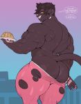  anthro big_butt butt clothing dialogue ear_piercing felid feline food looking_at_viewer looking_back male mammal muscular muscular_male pan_(sxfpantera) pancake piercing simple_background solo sxfpantera thick_thighs torn_clothing undressing yoga_pants 