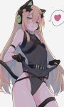  1girl :d animal_ears bangs bare_shoulders black_gloves black_leotard blonde_hair blush breasts cat_ear_headphones character_name commentary eyebrows_visible_through_hair fake_animal_ears girls_frontline gloves green_eyes grey_background groin hair_between_eyes headphones heart highres leotard leotard_lift lifted_by_self long_hair mimelond open_mouth simple_background small_breasts smile solo spoken_heart sweat symbol_commentary tmp_(girls_frontline) very_long_hair 