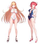  2girls ;) absurdres alternate_costume arm_behind_back arm_up armpits ass_visible_through_thighs bangs bare_arms bare_legs bare_shoulders black_footwear blonde_hair blue_swimsuit blush breasts casual_one-piece_swimsuit cleavage closed_mouth commentary_request dual_persona earrings eyebrows_visible_through_hair full_body gem green322 head_tilt high_heels highres homura_(xenoblade_2) jewelry large_breasts lips long_hair long_legs looking_at_viewer medium_breasts multiple_girls navel navel_cutout one-piece_swimsuit one_eye_closed open_toe_shoes outstretched_arm red_eyes red_footwear red_hair sandals shiny shiny_hair shiny_skin short_hair sidelocks simple_background smile standing straight_hair swept_bangs swimsuit thighs toes v-shaped_eyebrows very_long_hair white_background white_swimsuit xenoblade_(series) xenoblade_2 yellow_eyes 