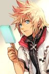  1boy blonde_hair blue_eyes closed_mouth food hankuri ice_cream kingdom_hearts kingdom_hearts_ii looking_at_viewer male_focus roxas simple_background smile solo spiked_hair 