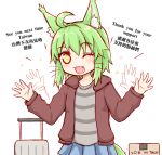  1girl ;d afterimage ahoge animal_ear_fluff animal_ears blue_skirt blush box brown_jacket cardboard_box cat_ears cat_girl cat_tail commentary_request english_text fang green_hair greenteaneko greenteaneko-chan grey_shirt hands_up highres hood hood_down hooded_jacket jacket looking_at_viewer one_eye_closed open_clothes open_jacket open_mouth original pleated_skirt rolling_suitcase shirt simple_background skirt smile solo sparkle striped striped_shirt tail waving whiskers white_background yellow_eyes 