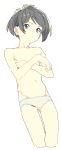  1girl :&lt; absurdres ass_visible_through_thighs backlighting bangs blue_eyes character_request closed_mouth collarbone copyright_request covering covering_breasts cowboy_shot cropped_legs expressionless from_below from_side grey_hair groin hands_up head_tilt highres hip_bones looking_at_viewer looking_down navel panties samoman short_hair simple_background skinny solo swept_bangs thigh_gap topless underwear white_background white_panties 