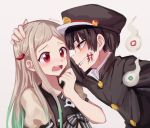  1boy 1girl :d black_hair black_jacket black_sailor_collar blush commentary_request dress embarrassed eye_contact gakuran grey_background grin hair_ornament hamsue hanako_(jibaku_shounen_hanako-kun) hand_on_another&#039;s_head hand_to_own_mouth hat highres jacket jibaku_shounen_hanako-kun korean_commentary long_sleeves looking_at_another magatama magatama_hair_ornament military_hat open_mouth orange_eyes peaked_cap profile puffy_short_sleeves puffy_sleeves red_eyes sailor_collar sailor_dress school_uniform short_sleeves simple_background smile twitter_username yashiro_nene yellow_eyes 