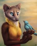  2020 4:5 anthro avian beak bird black_nose blue_body blue_feathers breasts brown_body brown_fur duo feathers featureless_breasts female feral fluffy fur hi_res holding_character kebi looking_at_another mammal marten mustelid musteline whiskers yellow_body yellow_fur 