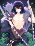  1boy bangs black_hair boar_mask commentary fur_trim green_eyes hashibira_inosuke highres holding holding_sword holding_weapon japanese_clothes kimetsu_no_yaiba kyundoo long_hair mask mask_removed multicolored_hair navel night outdoors sitting sword topless weapon 