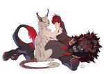  2020 black_body black_fur digital_media_(artwork) duo felid feline feral fur hybrid kero_tzuki lion lying lynx mammal on_side open_mouth pantherine red_eyes simple_background sitting smile teeth tongue white_background 