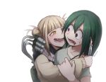  2girls asui_tsuyu bangs blonde_hair blood bloody_knife bloody_mouth bloody_weapon blunt_bangs blush boku_no_hero_academia cardigan commentary_request double_bun eyebrows_visible_through_hair fangs green_eyes green_hair hair_between_eyes hamsue highres holding hug knife korean_commentary looking_at_another messy_hair multiple_girls open_mouth school_uniform serafuku simple_background smile sweatdrop toga_himiko twitter_username upper_body weapon white_background yellow_eyes 