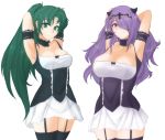  2girls armpits arms_behind_head bow bowtie breasts camilla_(fire_emblem) choker cleavage closed_mouth collarbone crown curvy eyebrows_visible_through_hair fire_emblem fire_emblem:_the_blazing_blade fire_emblem_fates fire_emblem_heroes frown garters green_eyes green_hair large_breasts long_hair looking_at_viewer lyn_(fire_emblem) maid maid_dress medium_breasts multiple_girls one_eye_covered ponytail purple_eyes purple_hair skirt smile thighhighs thighs transparent_background tridisart 