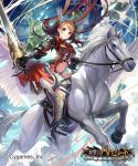  1girl armor boots breasts brown_hair closed_mouth cloud dress floating_castle floating_city floating_hair floating_island flying head_wings high_heel_boots high_heels highres holding holding_sword holding_weapon horseback_riding logo long_hair looking_at_viewer matsui_hiroaki medium_breasts metal_boots navel official_art pegasus purple_eyes red_dress riding shingeki_no_bahamut smile solo sword watermark weapon 