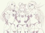  agnes_oblige ahoge bare_shoulders bow bravely_default:_flying_fairy bravely_default_(series) bravely_second:_end_layer breasts cleavage closed_mouth commentary_request edea_lee elbow_gloves gloves hair_bow hairband long_hair looking_at_viewer magnolia_arch monochrome multiple_girls satou_kivi simple_background smile thighhighs white_background 