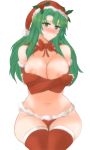  1girl areola_slip areolae blush bow bowtie breasts cecilia_(fire_emblem) christmas cleavage closed_mouth covering covering_breasts curvy embarrassed eye_contact facing_viewer fingerless_gloves fire_emblem fire_emblem:_the_binding_blade fire_emblem_heroes gloves green_eyes green_hair hair_between_eyes hair_ornament hat highres large_breasts long_hair looking_at_another looking_at_viewer mistletoe navel nipple_slip nipples panties ribbon santa_costume santa_hat smile thighhighs topless transparent_background tridisart underwear 