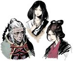  3girls bangs_pinned_back black_eyes brown_hair closed_mouth divine_child_of_rejuvenation emma_the_gentle_blade head_tilt highres horsea_(ekaki01) japanese_clothes kimono lady_butterfly long_hair looking_at_viewer multiple_girls old_woman parted_lips sekiro:_shadows_die_twice signature simple_background white_background white_hair 