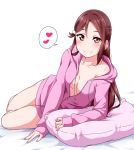  1girl bed_sheet blush breasts collarbone commentary_request drawstring elbow_rest hair_ornament hairclip half_updo heart highres hood hooded_jacket jacket long_hair long_sleeves love_live! love_live!_sunshine!! lying naked_coat no_bra on_side partially_unzipped pillow pink_jacket reclining red_hair sakurauchi_riko small_breasts smile solo spoken_heart white_background yellow_eyes yopparai_oni 