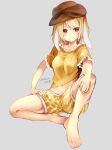  1girl animal_ears artist_name bangs bare_legs barefoot blonde_hair blush breasts brown_headwear bunny_ears cabbie_hat chikuwa_savi commentary_request grey_background hat knee_up looking_at_viewer medium_breasts midriff mouth_hold navel red_eyes ringo_(touhou) shirt short_hair short_shorts short_sleeves shorts simple_background sitting smile solo thighs touhou twitter_username yellow_shirt yellow_shorts 